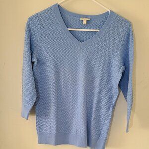Talbots V-Neck Shaker Stitch Sweater Blue Petite